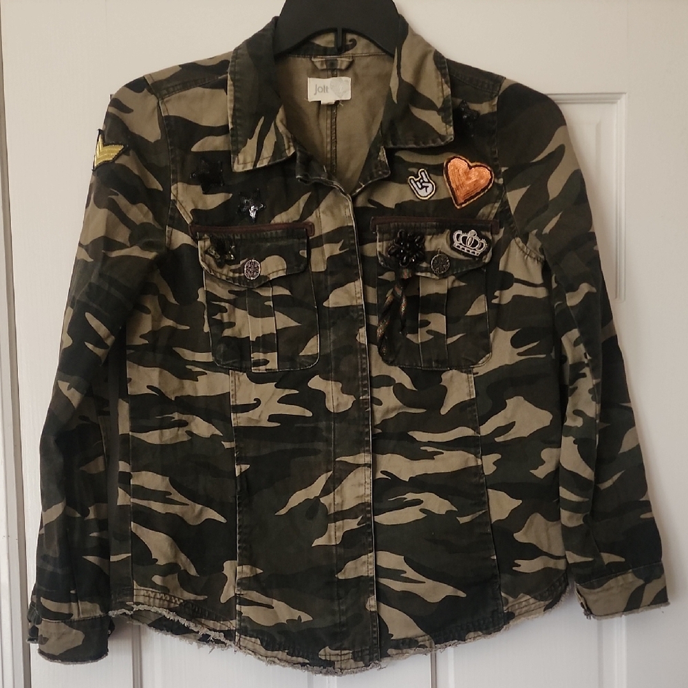 Jolt Women's Olive Green Camo Patch Utility Jacket